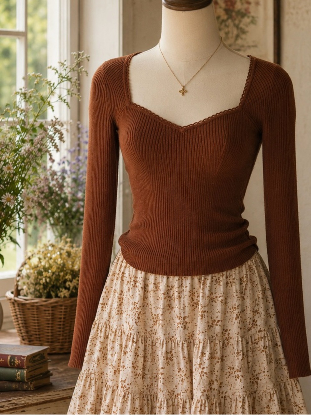Sezane Chocolate Brown Maha Jumper Ribbed Square-Neck Long Sleeve Top